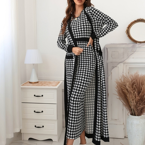 Houndstooth Slit Back Bodycon Dress & Patched Pocket Belted Coat